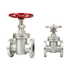 Two metal valves with red handles, designed for controlling fluid flow in pipes, showcasing different sizes and connections.