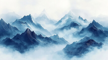 Obraz premium New Chinese ink painting style mountain and fog illustration