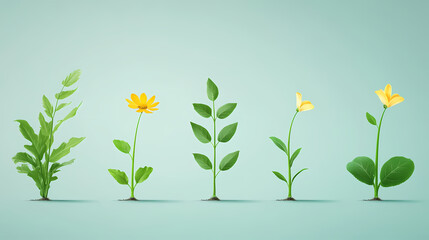 Illustration of plant growth stages from seed to mature plant, symbolizing development, success, and natural progression in a life cycle concept. Growth - Flower. Illustration