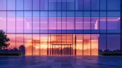 Fototapeta premium Modern office building in the evening. Facade purple mirror 