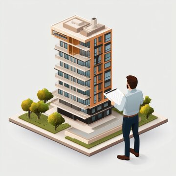 Man reviewing architectural model of modern apartment building