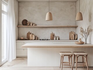 A modern kitchen with a warm and neutral aesthetic design