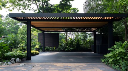 Modern Pergola Structure in Lush Green Garden Setting with Natural Light