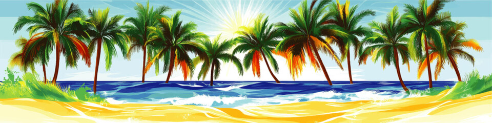 Stunning Tropical Beach Vector Art with Palm Trees and Ocean Waves at Sunrise - Vibrant Summer Coastal Illustration for Relaxation and Travel Inspiration
