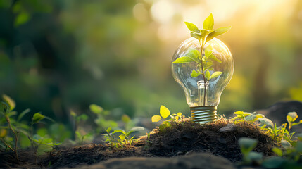 Tree growing on light bulb with sunshine in nature and small plants growth stepe. saving energy and eco concept. Growth - Flower. Illustration