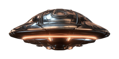 A sleek, metallic spacecraft hovers in a vast cosmic landscape, showcasing advanced technology with glowing accents, cut out