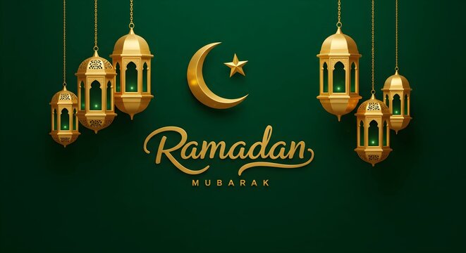 A deep teal background exudes elegance and tranquility with golden lanterns, a crescent moon, star, mosque domes, minarets, and the text Ramadan Kareem in an elegant cursive font