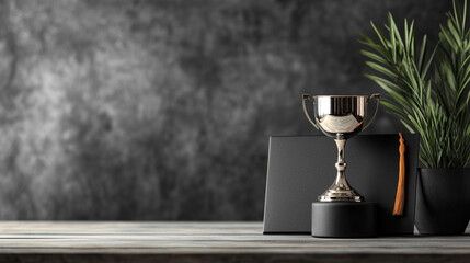 Education student success concept. Silver trophy on a wooden table with greenery and a dark textured background.