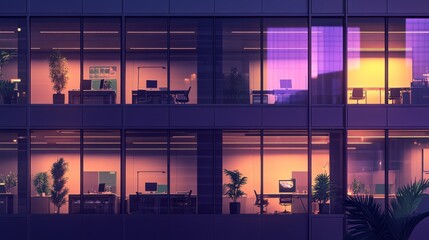 Modern office building in the evening. Facade purple mirror 