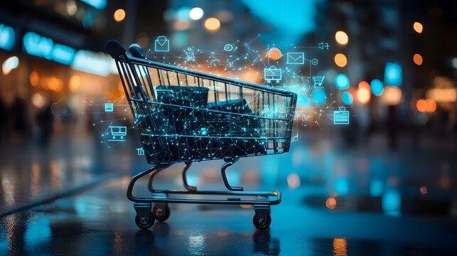 Small black metal shopping cart filled with dark groceries fresh produce and assorted items in a conveniently designed shopping space
