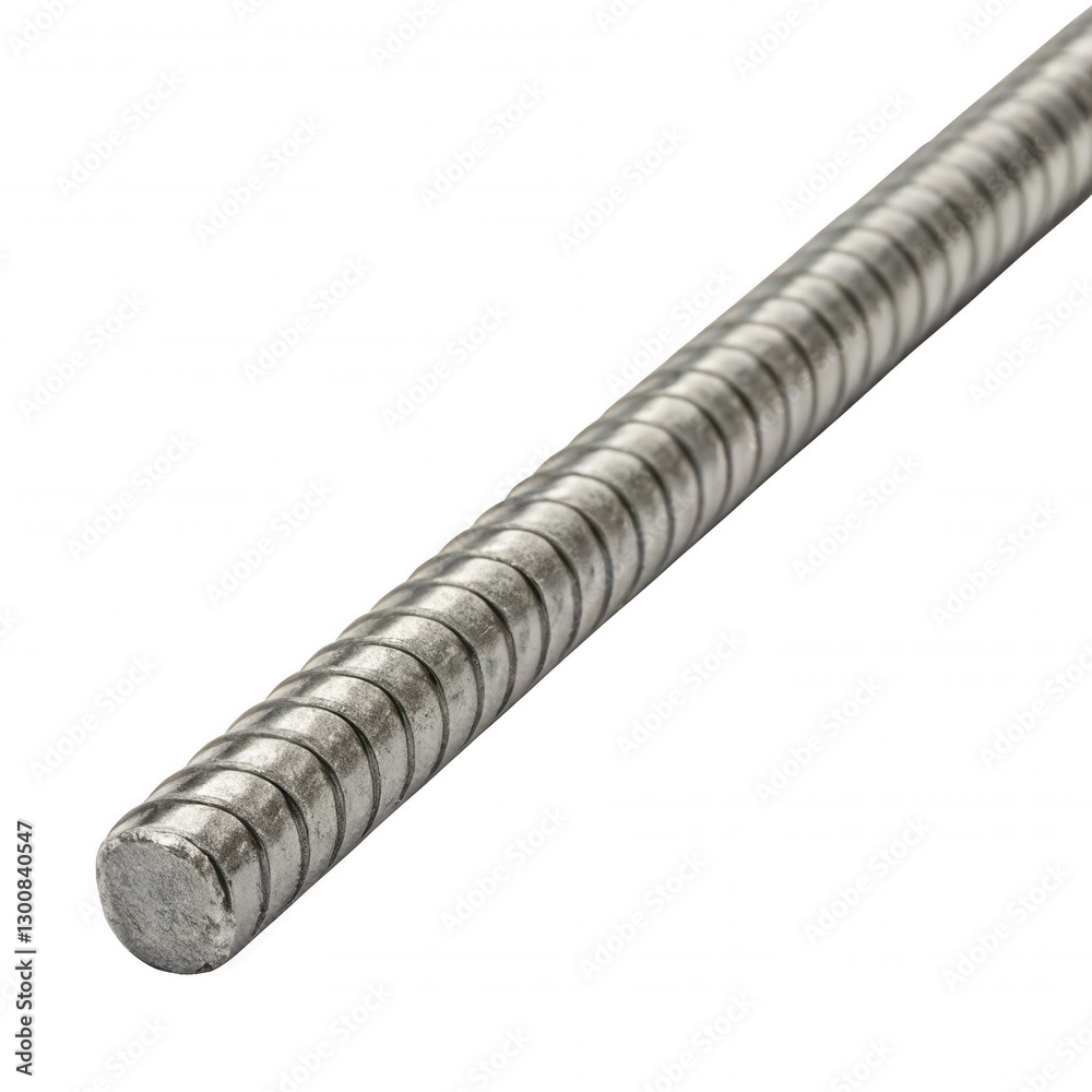 Poster A close-up of a metal rebar showcasing its textured surface and rounded end, commonly used in construction for structural reinforcement.