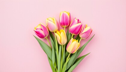 pink and yellow tulips on pink background.