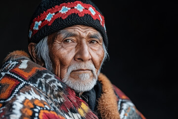 Obraz premium Ageless Native American Man Portrait on Black Background Copy Space