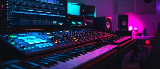 Fototapeta premium A music studio setup including a digital audio workstation and keyboard