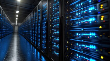Aerial view of a modern data center showcasing a neatly organized row of high-performance servers, illuminated by soft blue LED lights, with cooling systems and cables meticulously arranged.