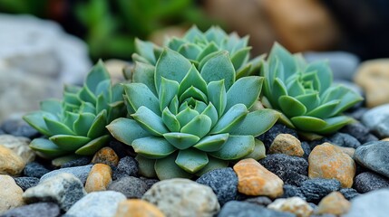 Fototapeta premium Succulents thrive amongst stones, their geometric leaves a vibrant green oasis of life. Close-up, the details of nature are stunning.
