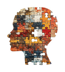 A colorful puzzle silhouette illustrates the intricate relationships of thoughts and emotions that shape identity, cut out