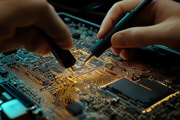 Naklejka premium A technician programming firmware onto a motherboard using a USB debugger, the intricate circuit patterns glowing under soft task lighting,