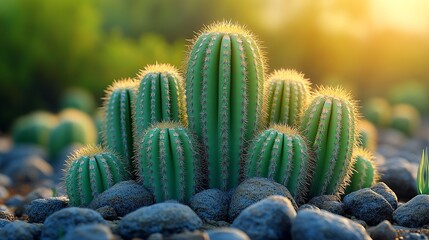 A cluster of bright green cacti, covered in tiny spikes, grow among dark rocks in the warm light of a desert sunset.