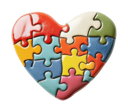 Heart-shaped puzzle with colorful pieces representing love and connection in a creative design for various projects, cut out