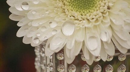 White chrysanthemums with dewdrops in a transparent crystal vase, illuminated by dramatic side lighting against a dark misty background. Moody and elegant floral composition.