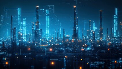 Fototapeta premium Futuristic City Skyline at Night with Glowing Blue Lights