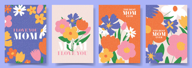 Happy Mother's Day cards. Vector posters with hand-drawn flowers for decoration Happy Mother's Day or spring events. Concept of trendy spring covers for ads, branding, holiday, social media.