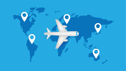 Naklejka premium Realistic Airplane World Map Markers Show Travel Destination. Traveling industry and vehicles concept vector art