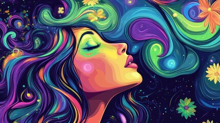 Colorful woman profile with vibrant, swirling hair and cosmic background.