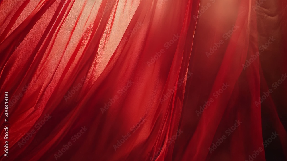 Wall mural red fabric drapes are featured alongside light rays and an abstract background with a design texture