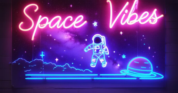 Neon sign space vibes floating astronaut glowing planet trails deep cosmic galaxy backdrop bright colorful realistic photo