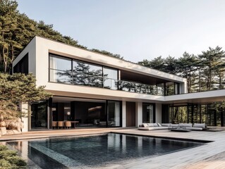 Modern house with swimming pool and surrounded by nature