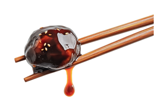 Delicious sticky sauce dripping from chopsticks with sesame seeds, perfect for enhancing Asian dishes and snacks, cut out