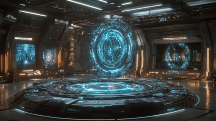 Obraz premium Futuristic spaceship control room with glowing orb.