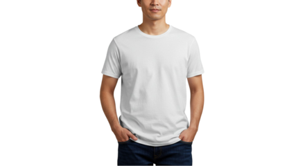Man in white tshirt and jeans hands in pockets casual style simple design clean background mockup template

