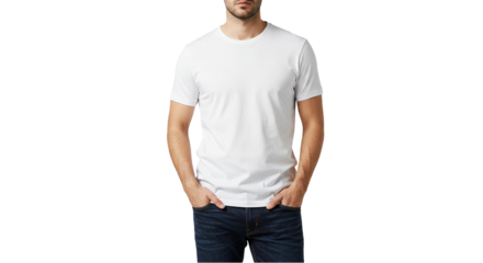 Man in white tshirt and jeans hands in pockets casual style simple design clean background mockup template
