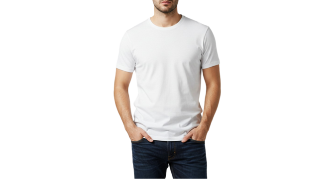 Man in white tshirt and jeans hands in pockets casual style simple design clean background mockup template
