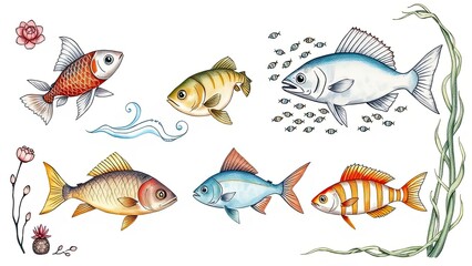 Fototapeta premium Colorful Fish Illustration Aquatic Life Marine Animals Underwater Scene School of Fish Koi Carp