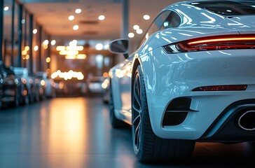 Close-Up Shot of a White Car Displayed in a Modern Showroom