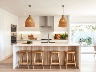 Modern kitchen displays wood stools and stylish wicker pendant lights