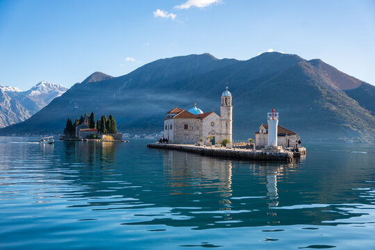 Saint George Island and Church of Our Lady of the Rocks near Perast in Montenegro. Boka Kotor bay, Europe. 