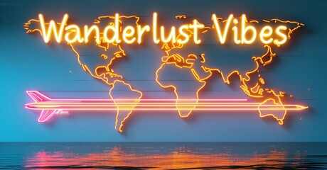 Neon sign wanderlust vibes glowing world map airplane trail soft light reflections water bright colorful realistic photo