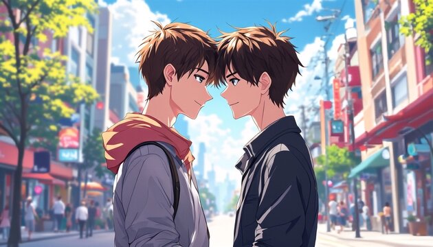 Two anime boys with brown hair standing on a city street, facing each other and looking into each others eyes.