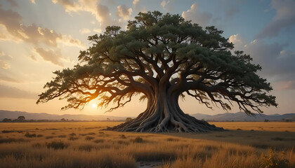 Fototapeta premium Ancient Tree with Massive Roots in a Vast Open Field at Sunset