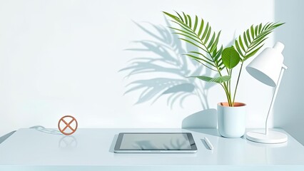 Obraz premium Modern Home Office Desk Setup Tablet Plant Lamp Minimalist Style