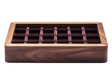 Rectangular Wooden Jewelry Organizer With Maroon Velvet Interior Against Transparent Backdrop