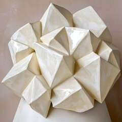 Abstract Off White Ceramic Sculpture with Geometric Crystal Forms