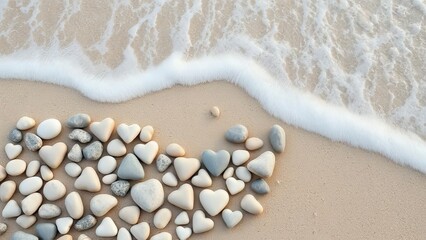 Romantic Beach Scene Heart Shaped Stones Ocean Waves
