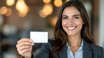 Smiling professional holding a business card.