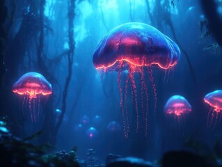 Exploring the vibrant depths of an alien deep-sea trench filled with glowing jellyfish. Generative AI